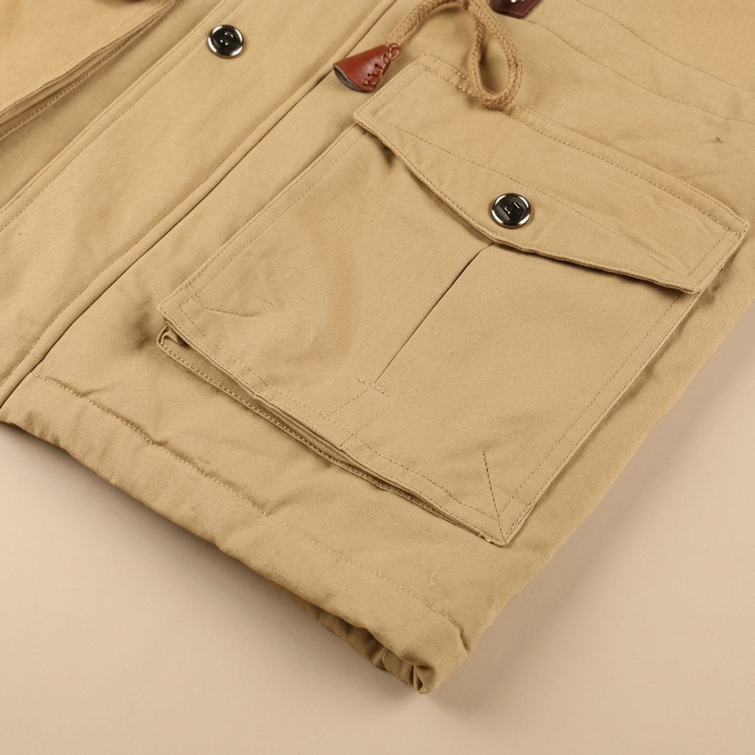 Heren Fleece-Gevoerde Cargo Winterjas met Capuchon, Khaki