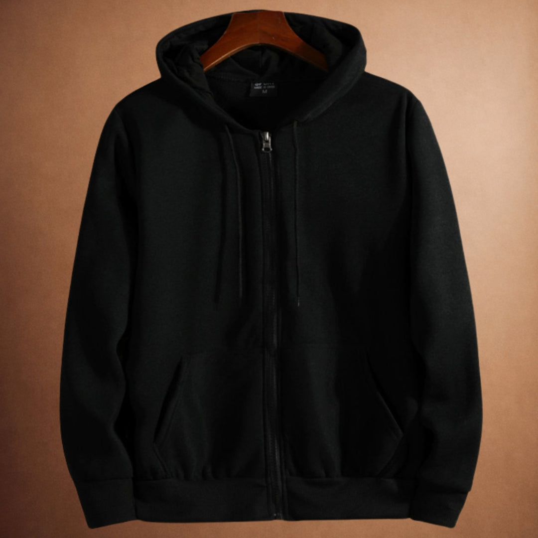 Heren Fleece-Gevoerde Zip-Up Hoodie met Kangoeroe Zakken - Zwart