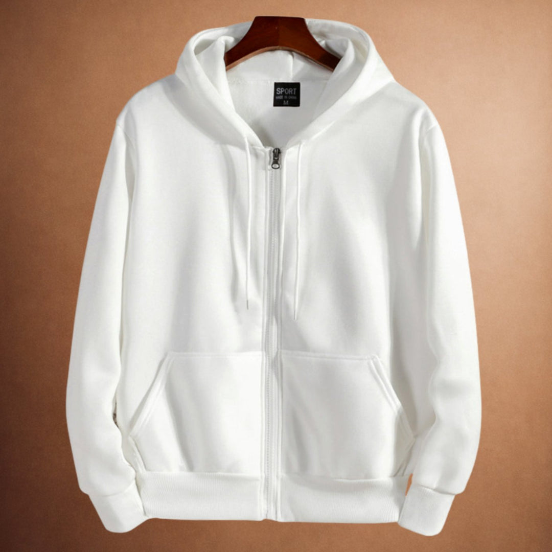 Heren Fleece-Gevoerde Zip-Up Hoodie met Kangoeroe Zakken - Wit