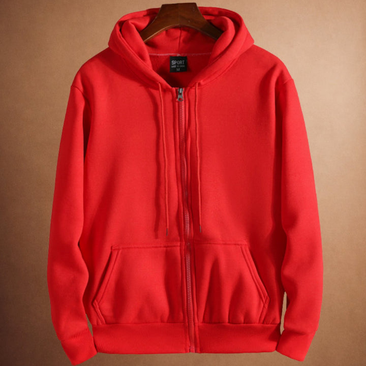 Heren Fleece-Gevoerde Zip-Up Hoodie met Kangoeroe Zakken - Rood