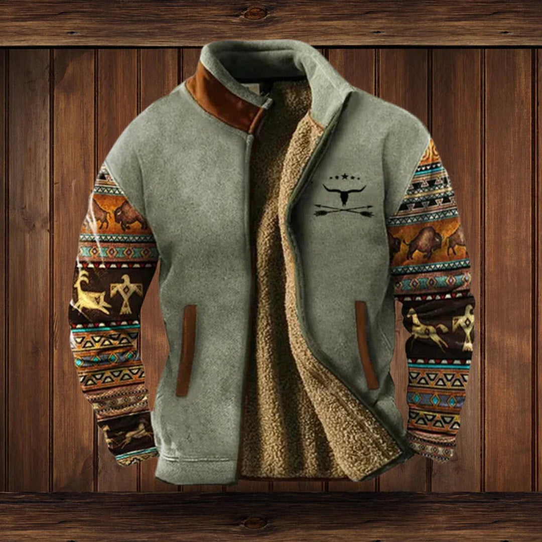 Heren Fleece Lined Aztec Mens Cardigan Vest Sherpa Gevoerd Outdoorjas - Grijs met print