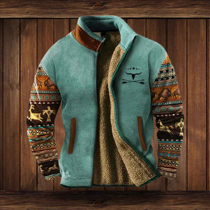 Heren Fleece Lined Aztec Mens Cardigan Vest Sherpa Gevoerd Outdoorjas - Blauw met print