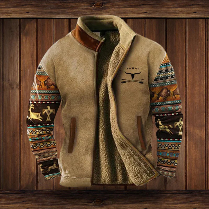 Heren Fleece Lined Aztec Mens Cardigan Vest Sherpa Gevoerd Outdoorjas - Bruin met print