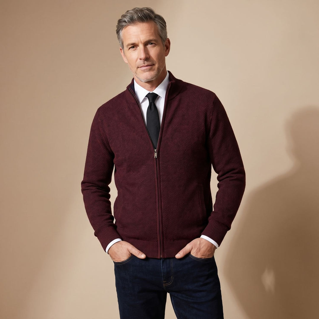Heren Gebreid Vest met Rits en Staande Kraag - Rood