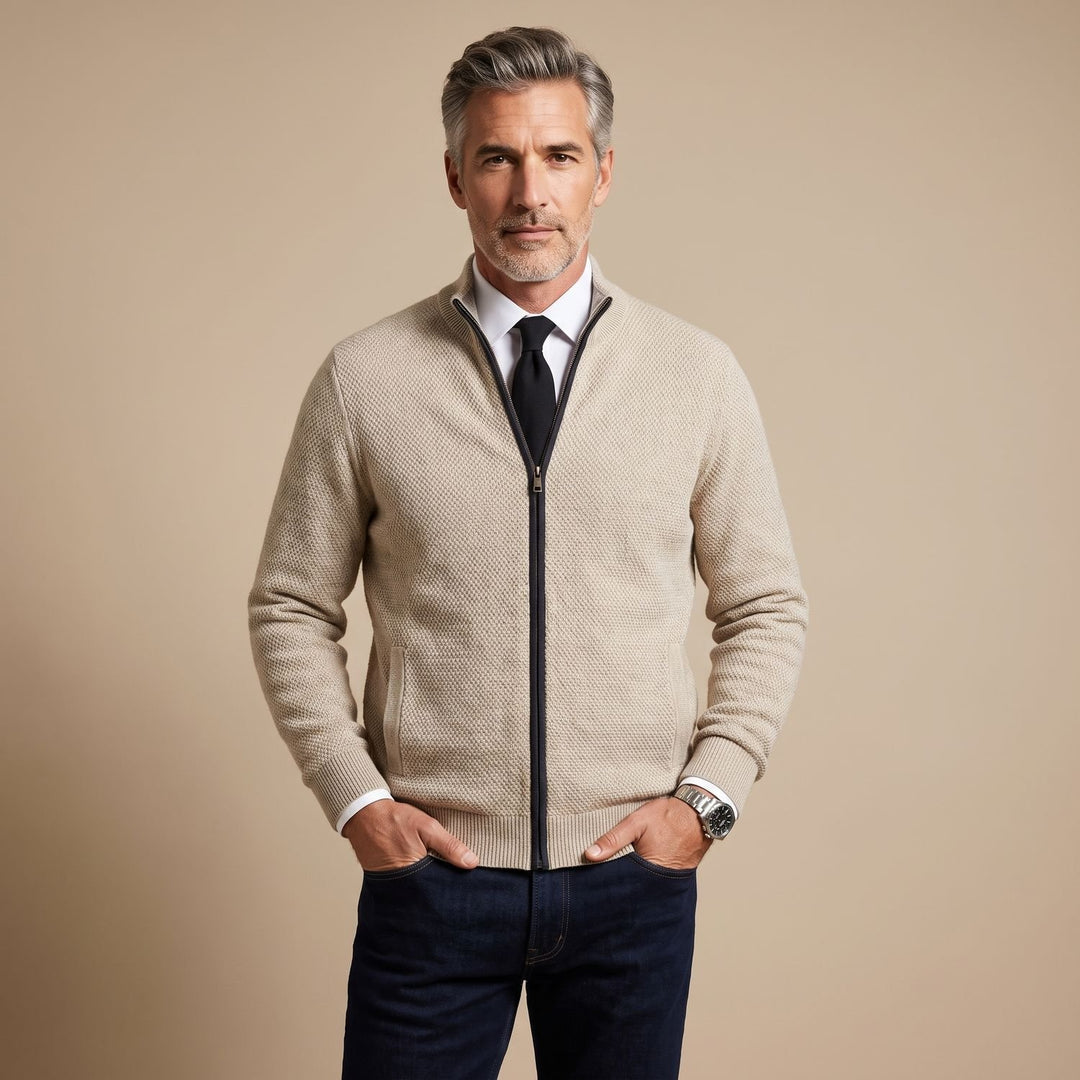 Heren Gebreid Vest met Rits en Staande Kraag - Beige