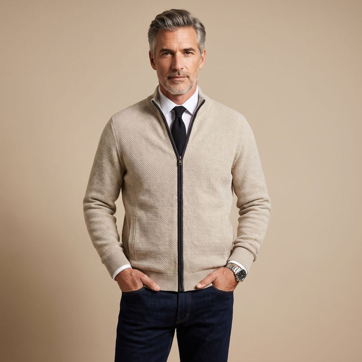 Heren Gebreid Vest met Rits en Staande Kraag - Beige