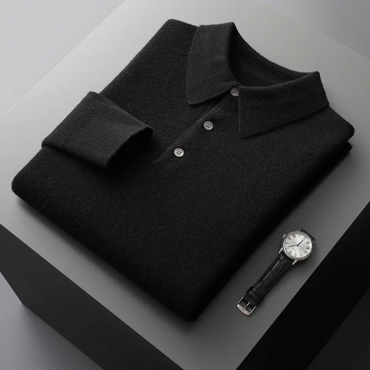 Heren Gebreide Cashmere Polo Pullover Langarm Business Trui - Zwart
