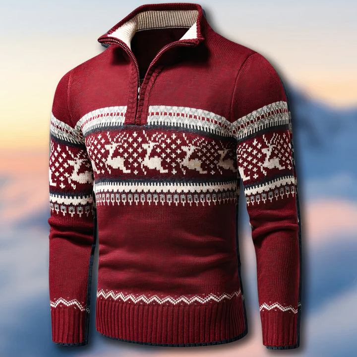 Heren Gebreide Kersttrui Quarter-Zip Rendier Pullover, Red - Rood