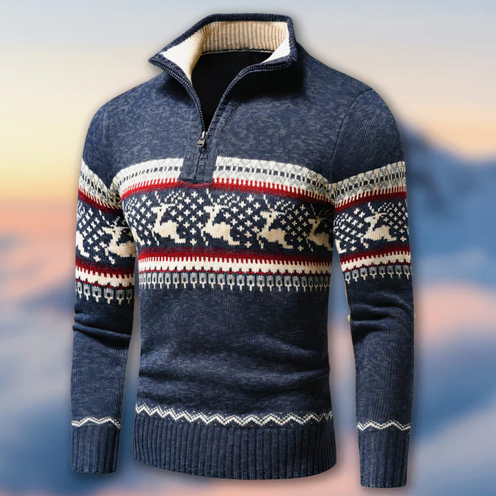 Heren Gebreide Kersttrui Quarter-Zip Rendier Pullover, Red - Blauw