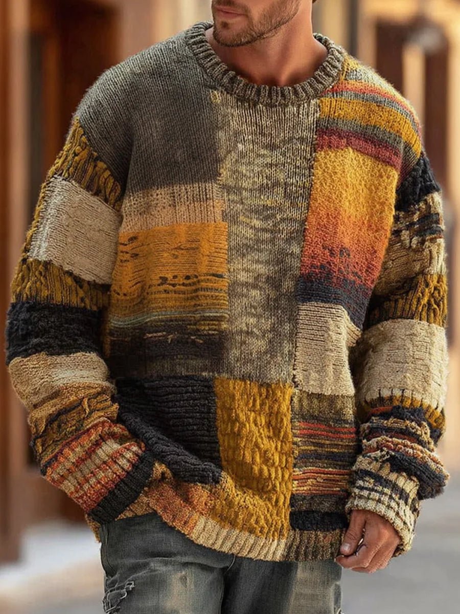 Heren Gebreide Pullover Patchwork Kleurblok Trui Lange Mouwen - Patchwork