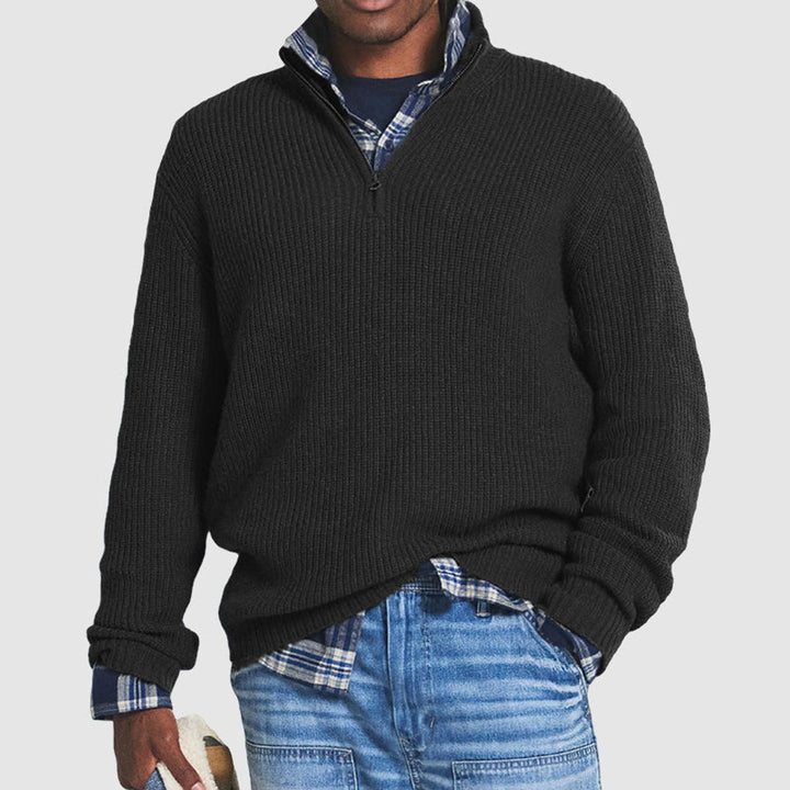 Heren Gebreide Quarter-Zip Pullover Sweater Ribgebreid - Zwart