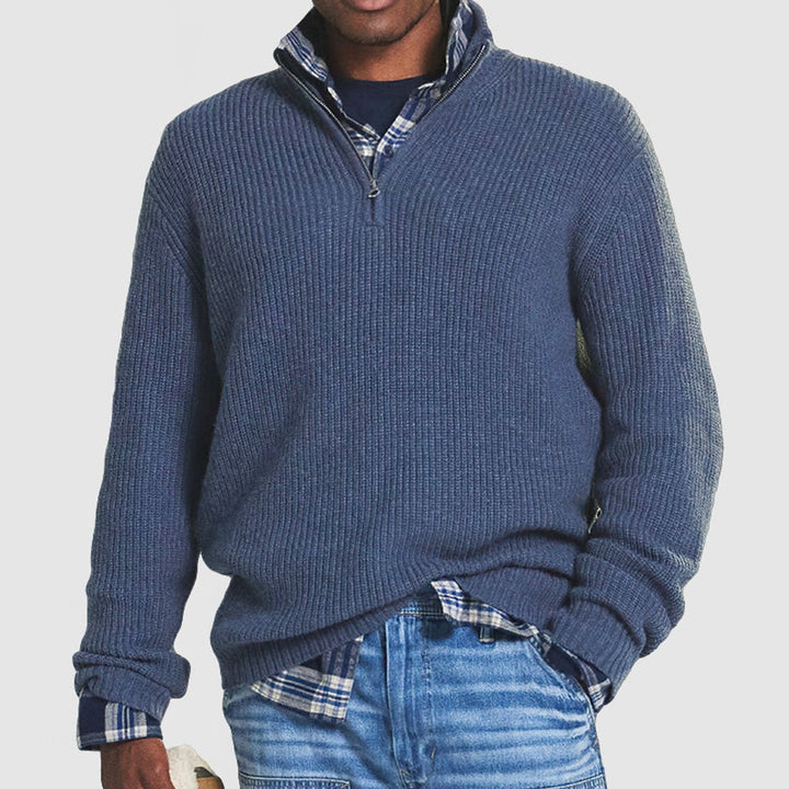 Heren Gebreide Quarter-Zip Pullover Sweater Ribgebreid - Blauw