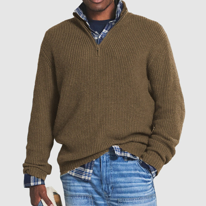 Heren Gebreide Quarter-Zip Pullover Sweater Ribgebreid - Bruin