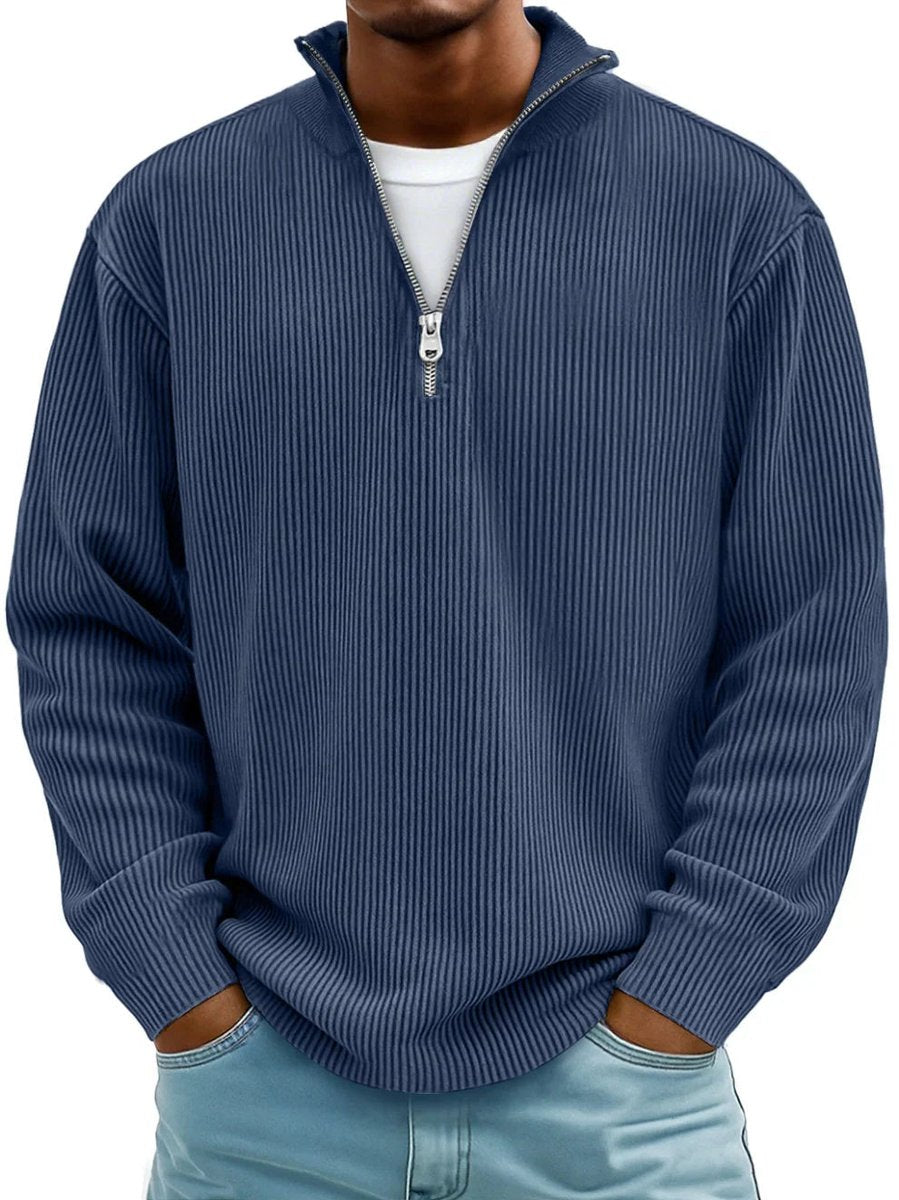 Heren Gebreide Quarter-Zip Pullover Trui Ribbel Sweatshirt - Marineblauw