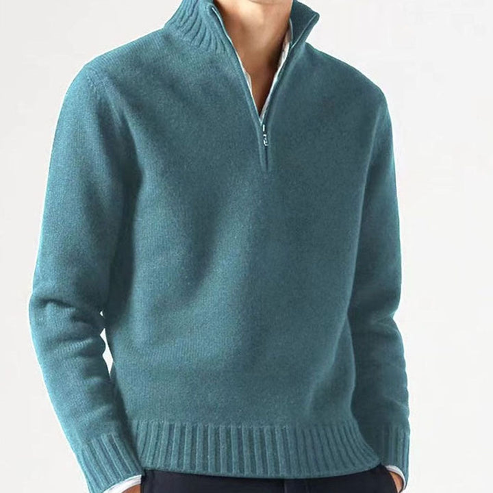 Heren Gebreide Quarter-Zip Trui met Staande Kraag - Babyblauw