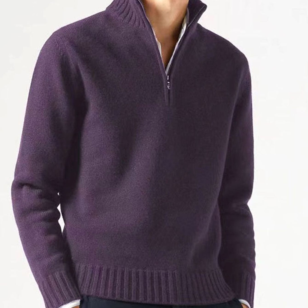 Heren Gebreide Quarter-Zip Trui met Staande Kraag - Paars