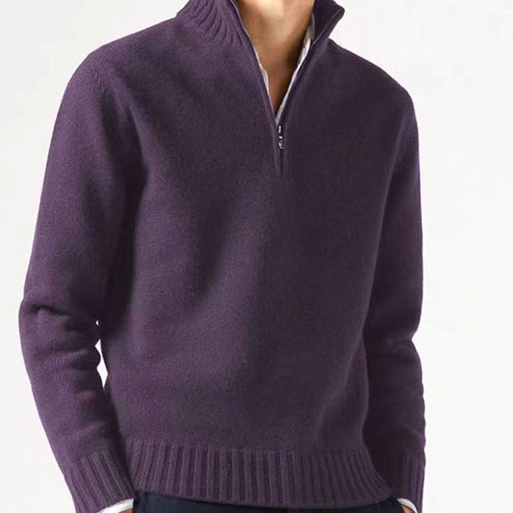 Heren Gebreide Quarter-Zip Trui met Staande Kraag - Paars