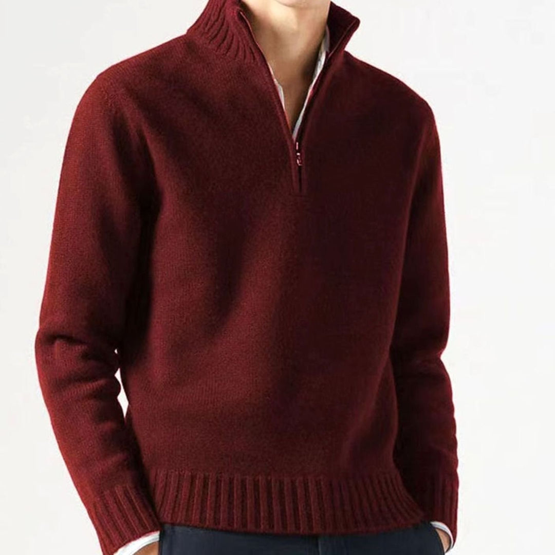 Heren Gebreide Quarter-Zip Trui met Staande Kraag - Donkerrood