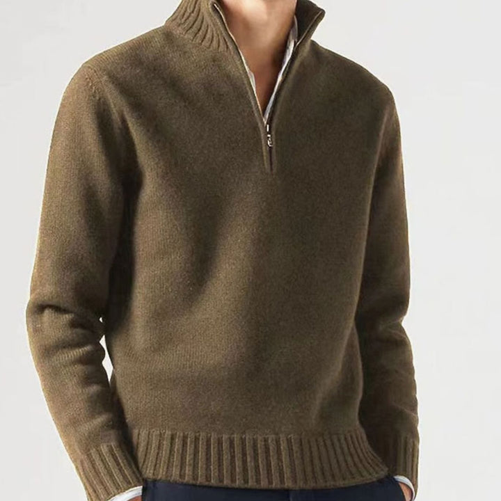 Heren Gebreide Quarter-Zip Trui met Staande Kraag - Donkerbruin