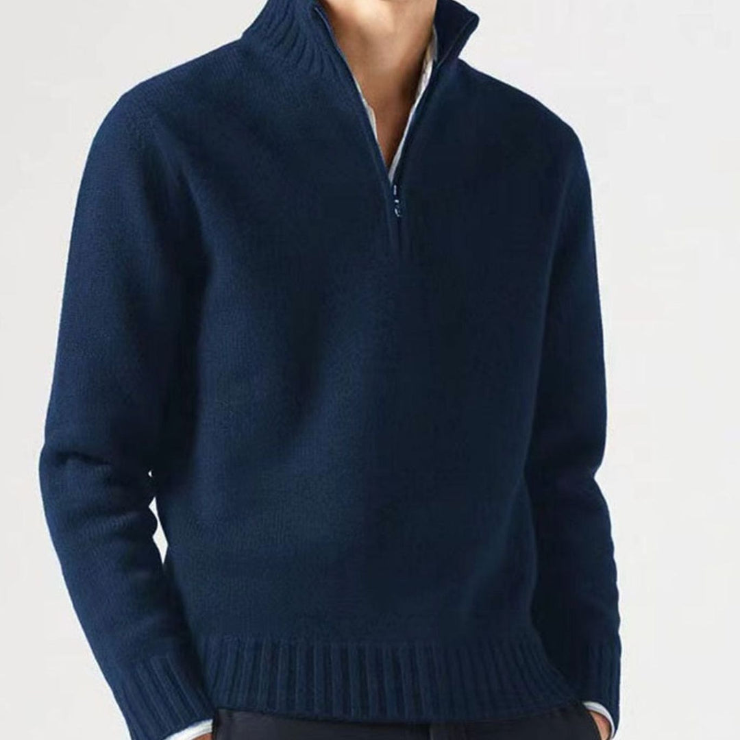 Heren Gebreide Quarter-Zip Trui met Staande Kraag - Donkerblauw