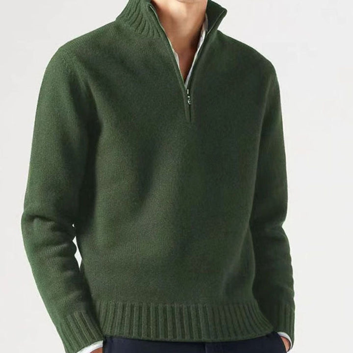 Heren Gebreide Quarter-Zip Trui met Staande Kraag - Groen