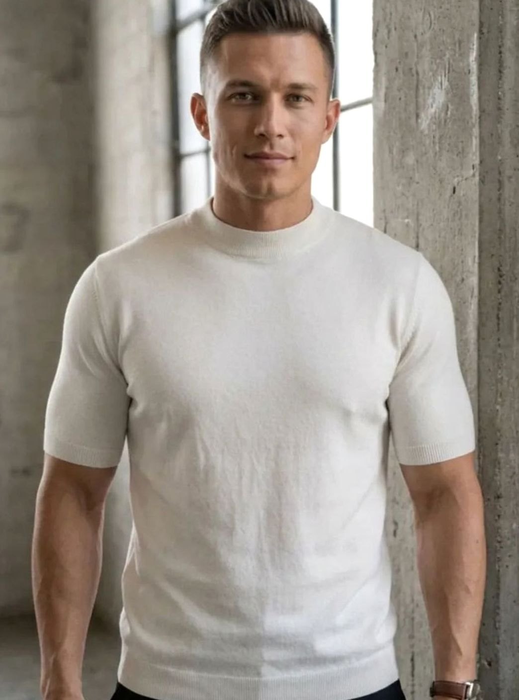 Heren Gebreide Ronde Hals T-Shirt met Korte Mouwen Slim Fit - Wit
