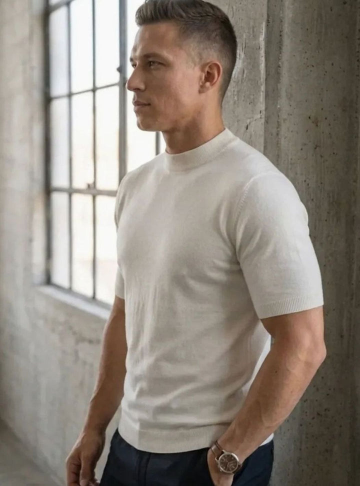 Heren Gebreide Ronde Hals T-Shirt met Korte Mouwen Slim Fit