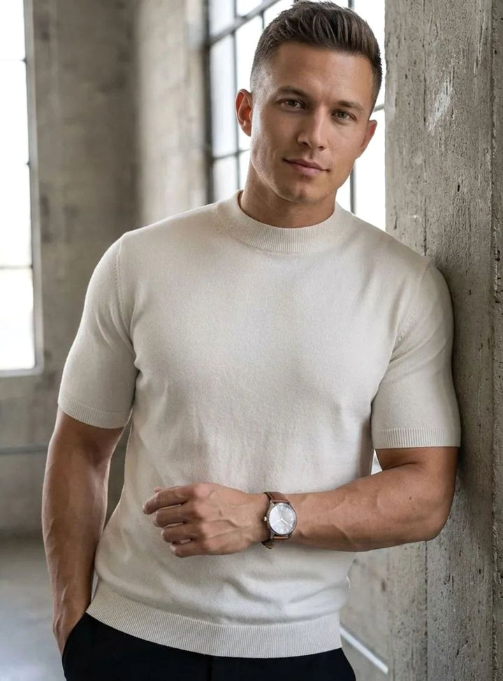 Heren Gebreide Ronde Hals T-Shirt met Korte Mouwen Slim Fit