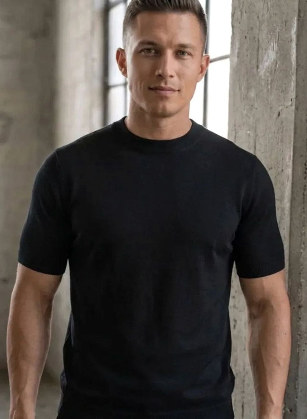Heren Gebreide Ronde Hals T-Shirt met Korte Mouwen Slim Fit - Zwart