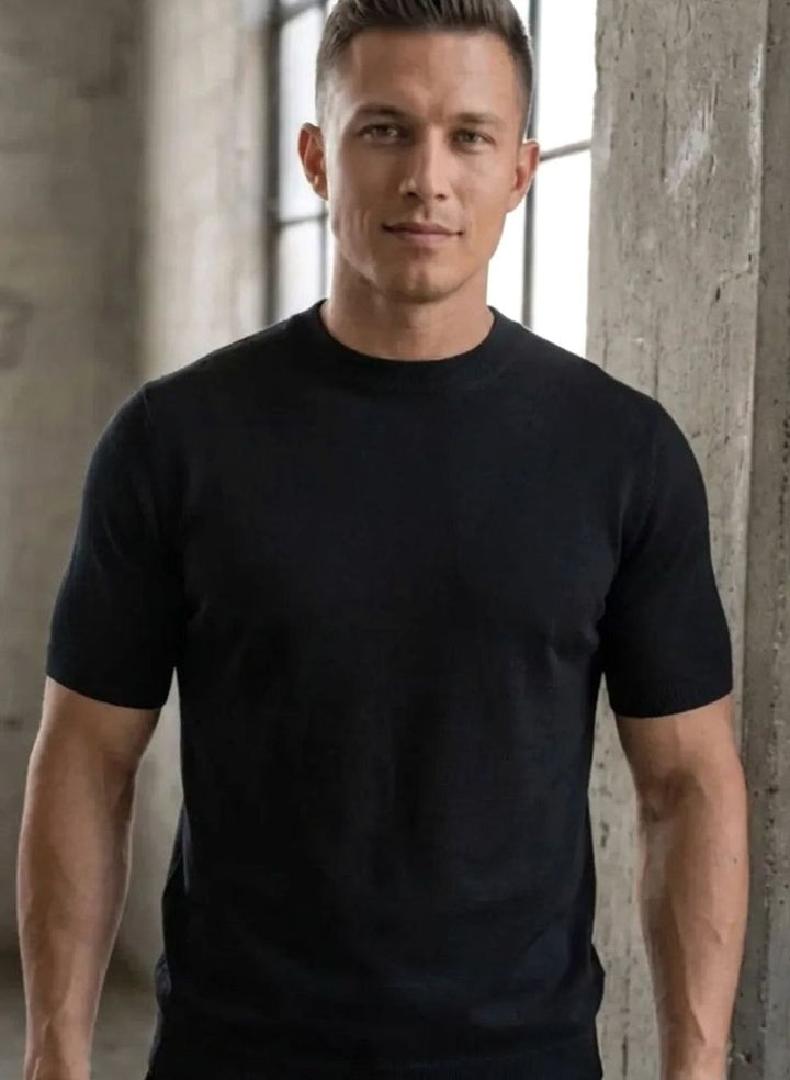 Heren Gebreide Ronde Hals T-Shirt met Korte Mouwen Slim Fit - Zwart