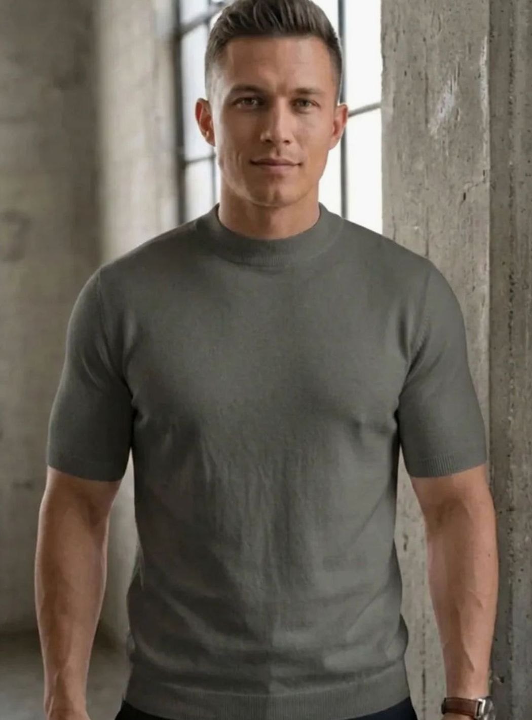 Heren Gebreide Ronde Hals T-Shirt met Korte Mouwen Slim Fit - Grijs
