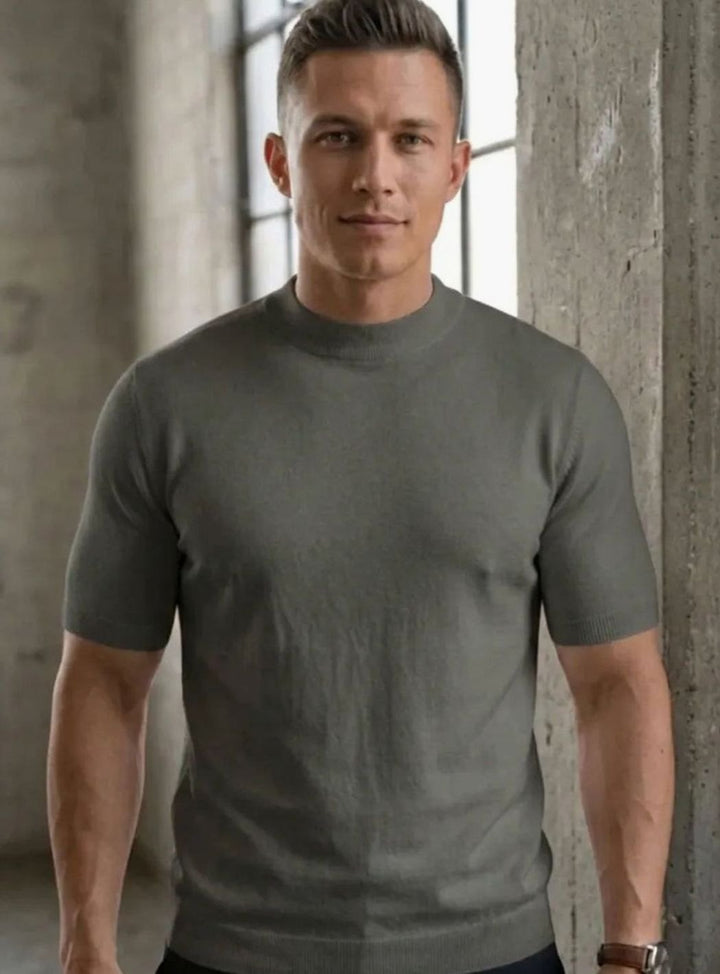 Heren Gebreide Ronde Hals T-Shirt met Korte Mouwen Slim Fit - Grijs