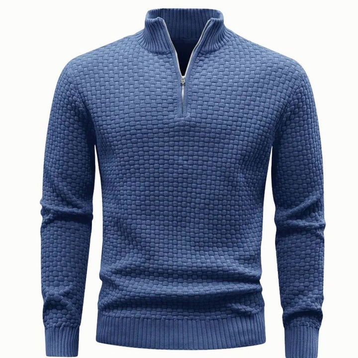 Heren Gebreide Trui met Ritskraag Honingraatpatroon Regular Fit - Blauw