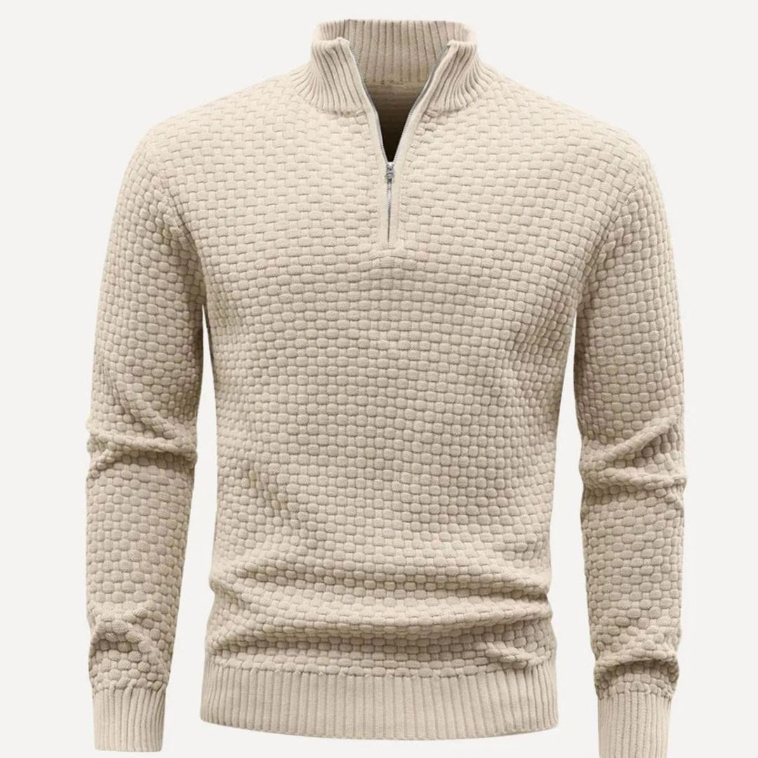 Heren Gebreide Trui met Ritskraag Honingraatpatroon Regular Fit - Beige