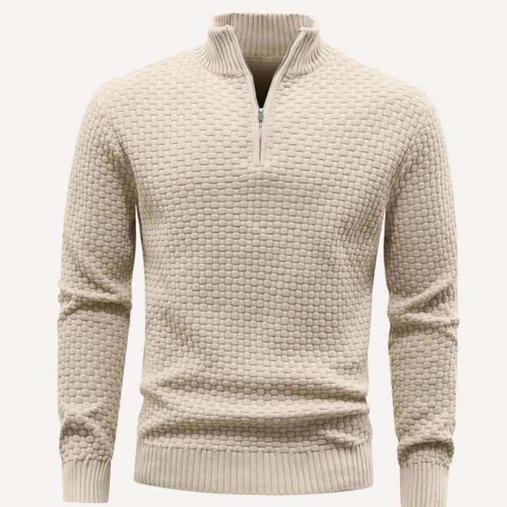 Heren Gebreide Trui met Ritskraag Honingraatpatroon Regular Fit - Beige
