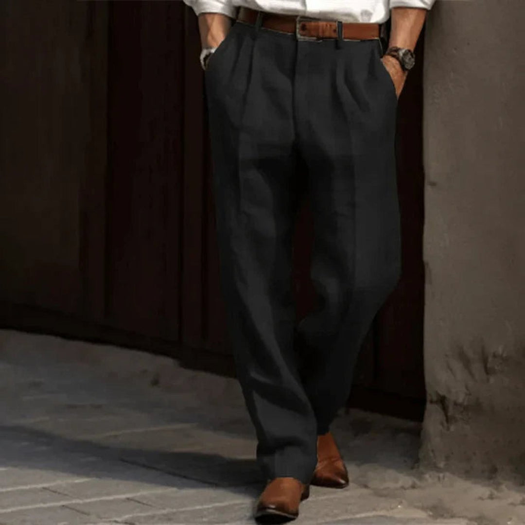 Heren Geplooide Klassieke Linnen Pantalon Rechte Pasvorm - Zwart