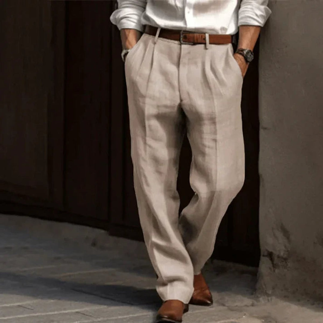 Heren Geplooide Klassieke Linnen Pantalon Rechte Pasvorm - Beige