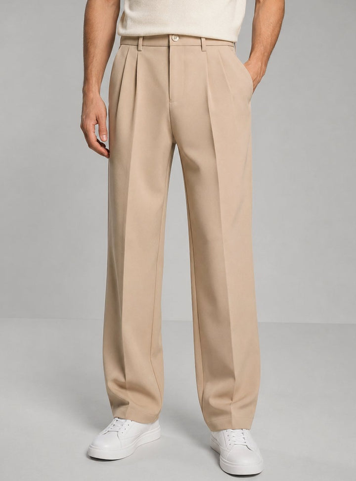 Heren Geplooide Straight Leg Pantalon Smart Casual Tailored Fit - Beige