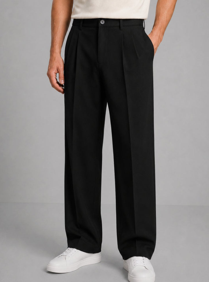Heren Geplooide Straight Leg Pantalon Smart Casual Tailored Fit - Zwart