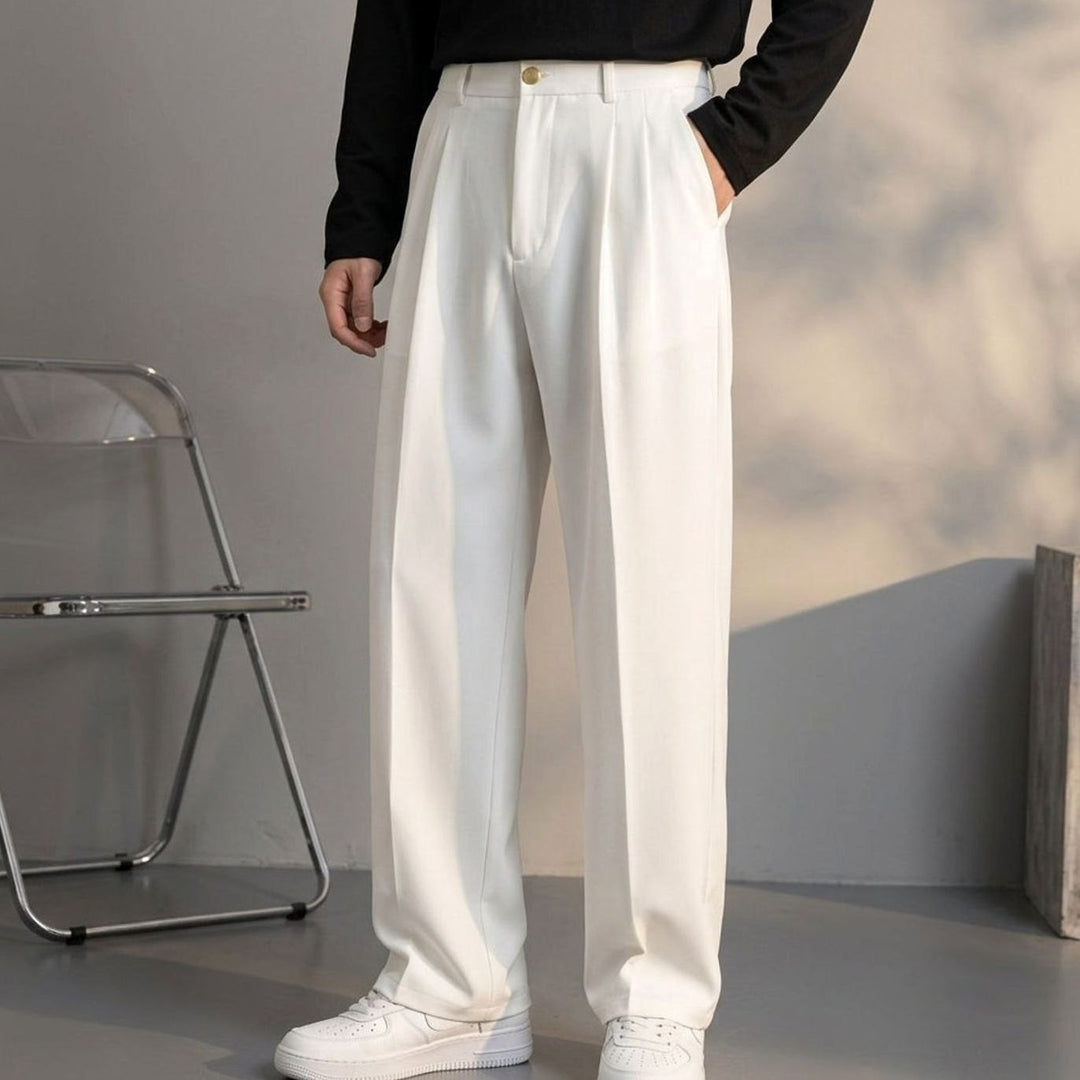 Heren Geplooide Wijd Uitlopende Pantalon met Hoge Taille - Wit