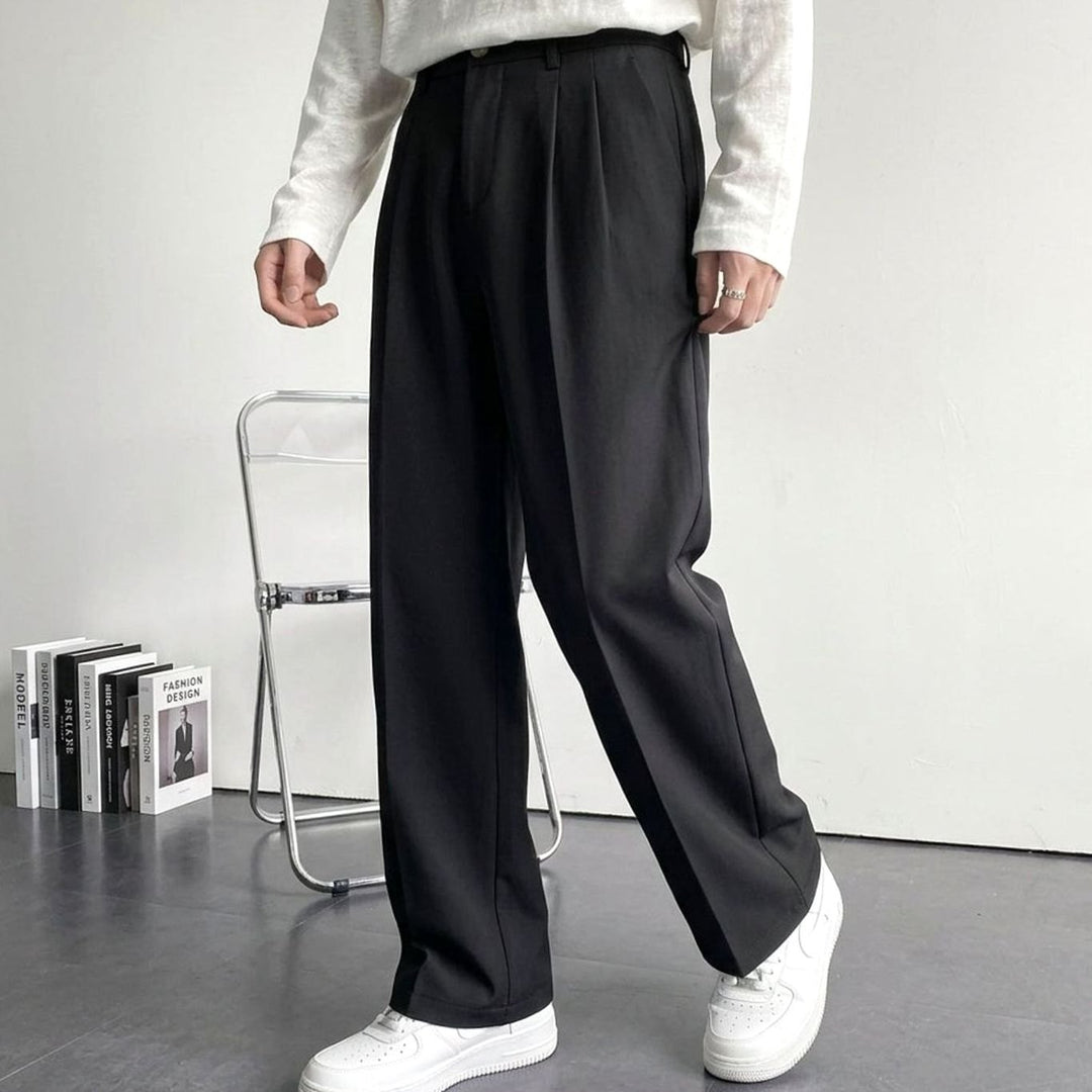 Heren Geplooide Wijd Uitlopende Pantalon met Hoge Taille - Zwart