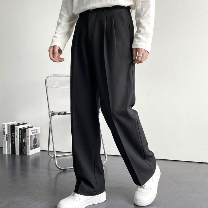 Heren Geplooide Wijd Uitlopende Pantalon met Hoge Taille - Zwart