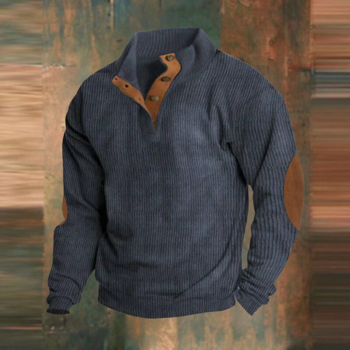 Heren Geribbelde Mens Knit Sweater Retro Pullover Ellboogpatches - Marineblauw