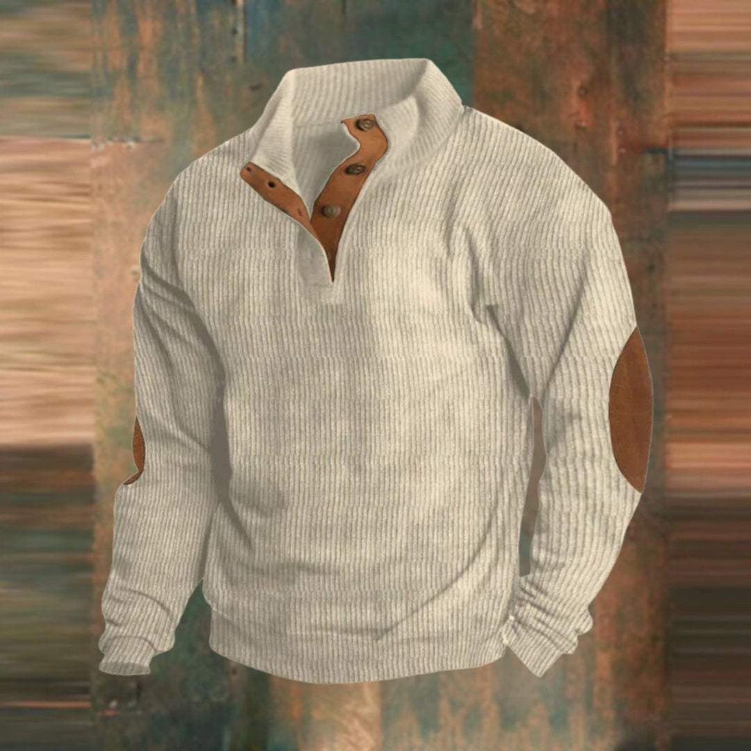 Heren Geribbelde Mens Knit Sweater Retro Pullover Ellboogpatches - Beige