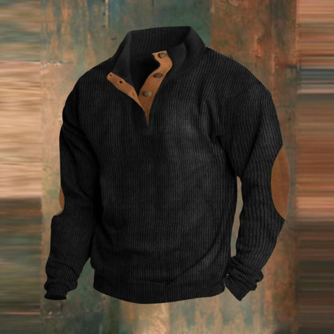 Heren Geribbelde Mens Knit Sweater Retro Pullover Ellboogpatches - Zwart