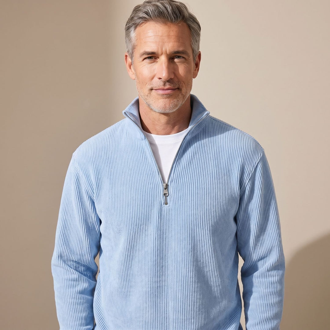 Heren Geribbelde Quarter-Zip Trui met Rits Relaxed Fit - Blauw
