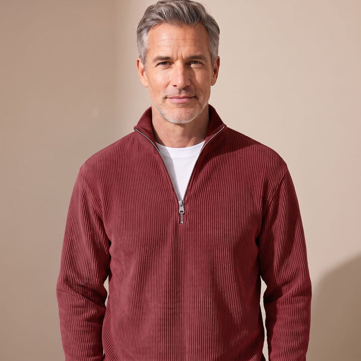 Heren Geribbelde Quarter-Zip Trui met Rits Relaxed Fit - Rood