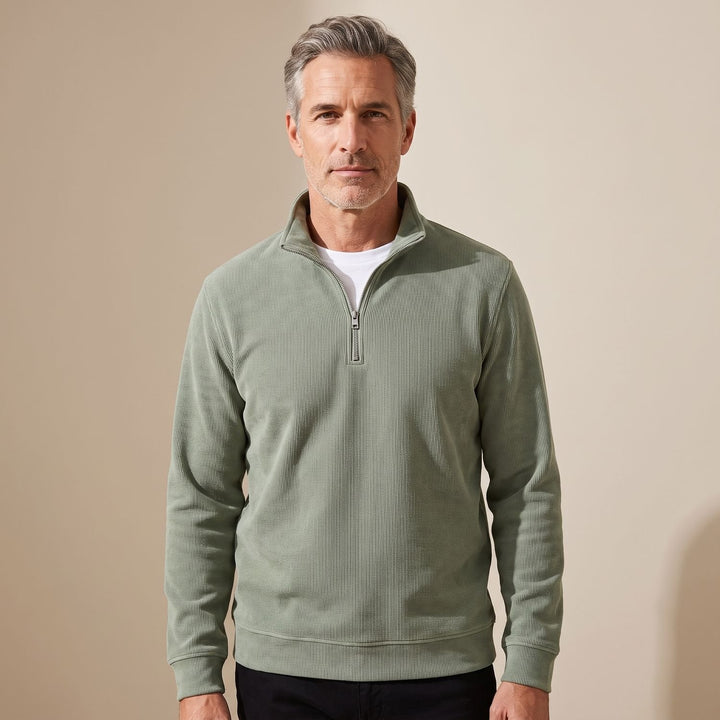 Heren Geribbelde Quarter-Zip Trui met Rits Relaxed Fit - Groen