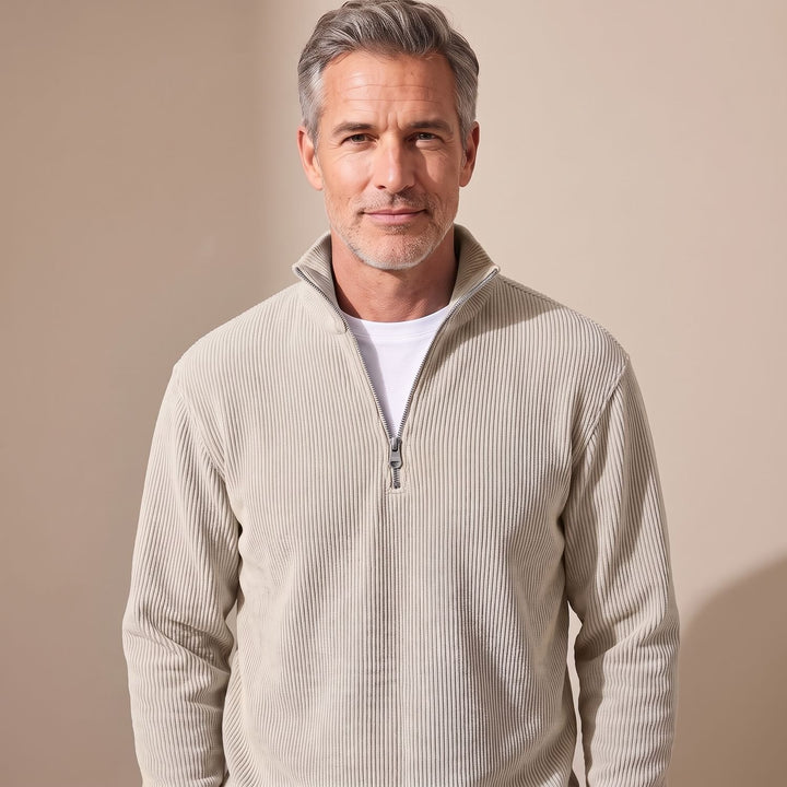 Heren Geribbelde Quarter-Zip Trui met Rits Relaxed Fit - Khaki