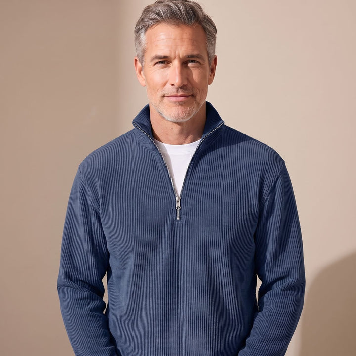 Heren Geribbelde Quarter-Zip Trui met Rits Relaxed Fit - Marineblauw